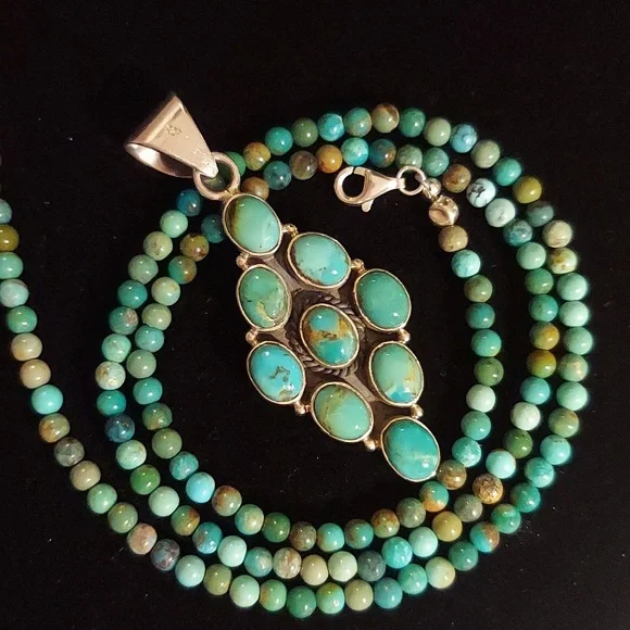 Natural Turquoise Beaded Neckace with Turquiose Pendant in Sterling Silver - Picture 11 of 11